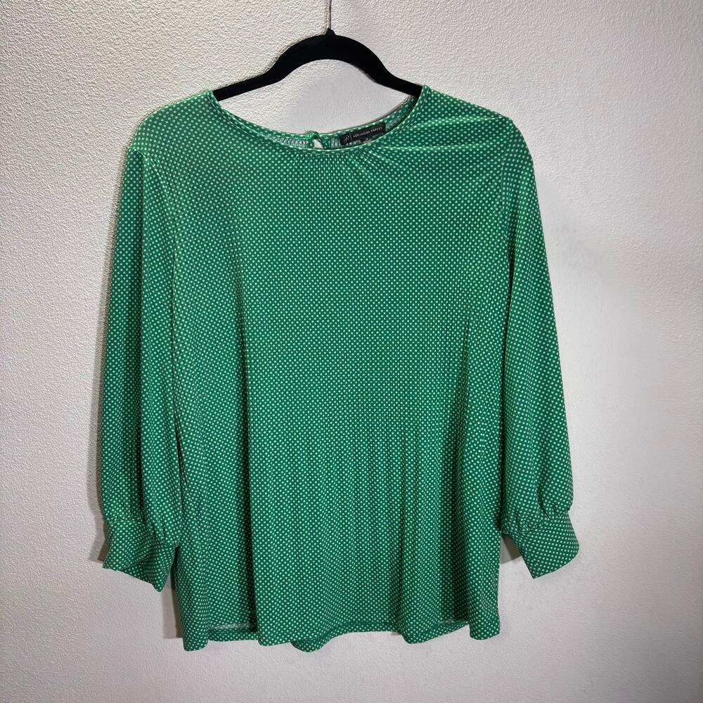 Adrianna Papell Green Polka Dot Blouse Medium 3/4 Sleeve Keyhole Back
